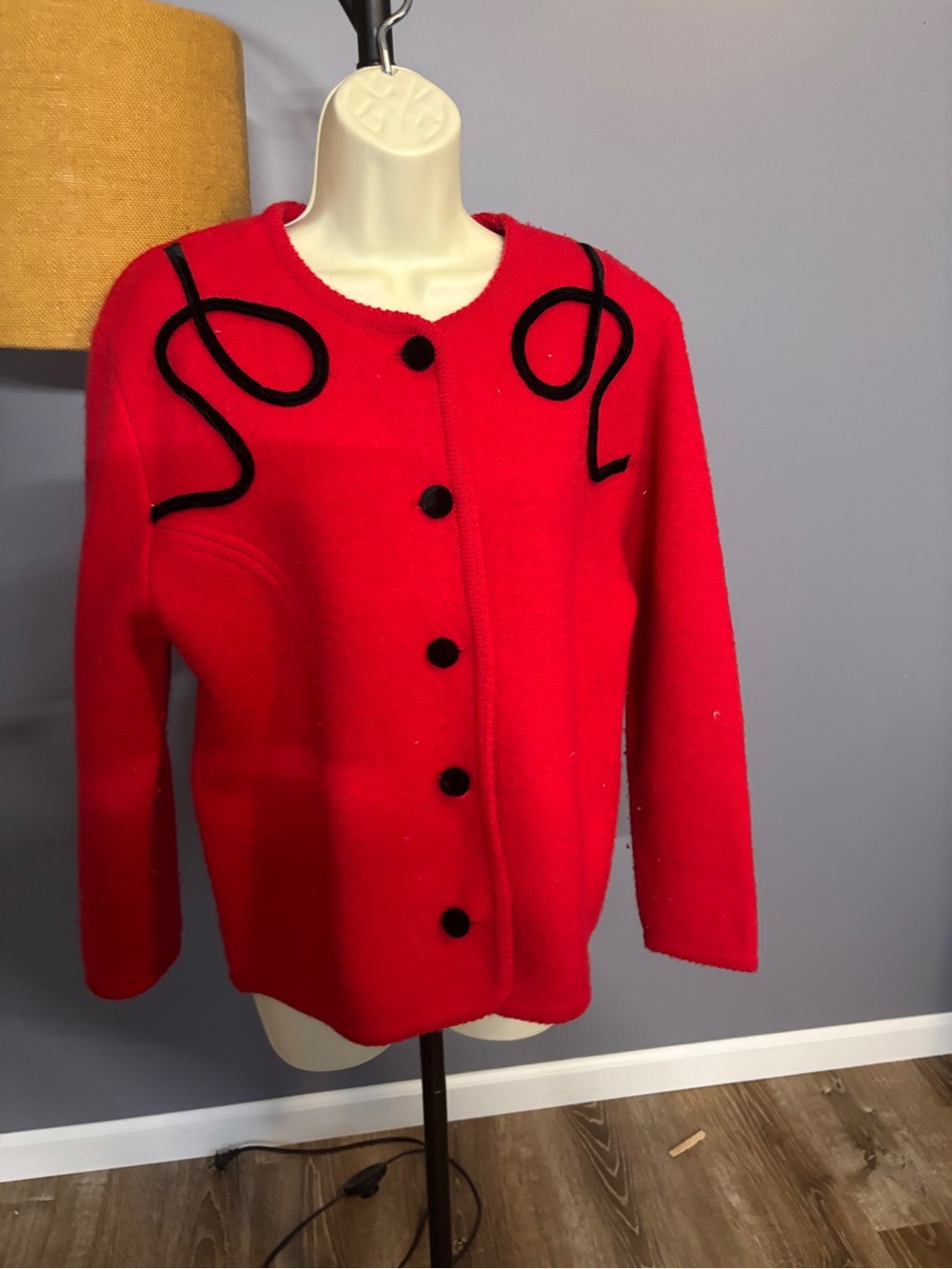 100% wool Pendleton Red Cardigan with Black Trim Accents